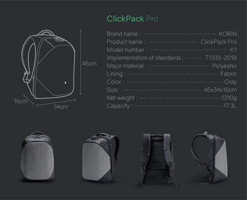 Рюкзак ClickPack Pro 46х34х16 см, комбинированный черный/серый 11